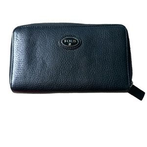 Tous Black Leather Zippered Wallet 7.5” X 4”